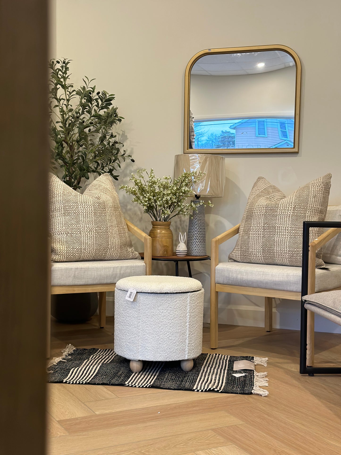 Pair of wooden + linen accent chairs