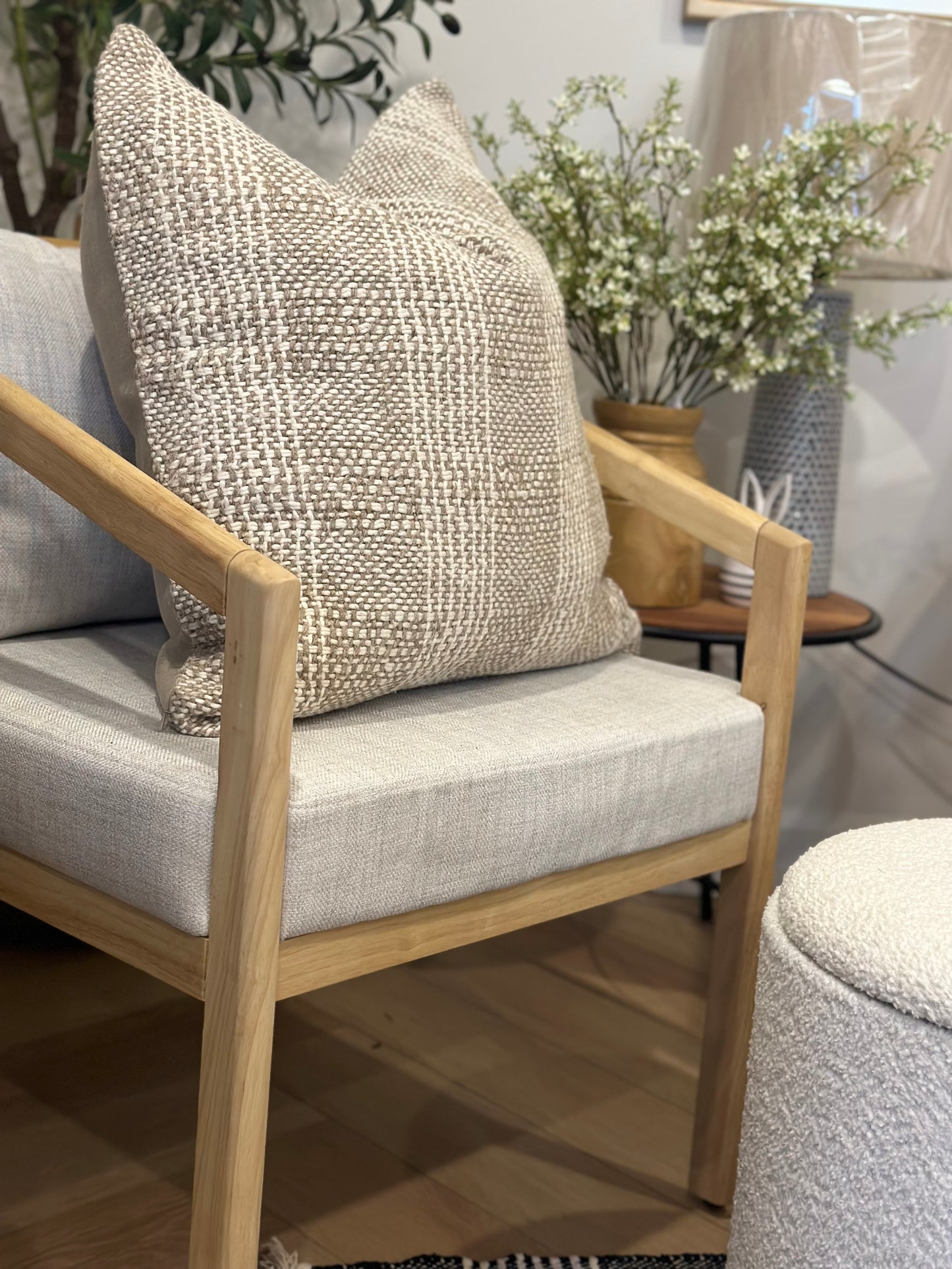 Pair of wooden + linen accent chairs