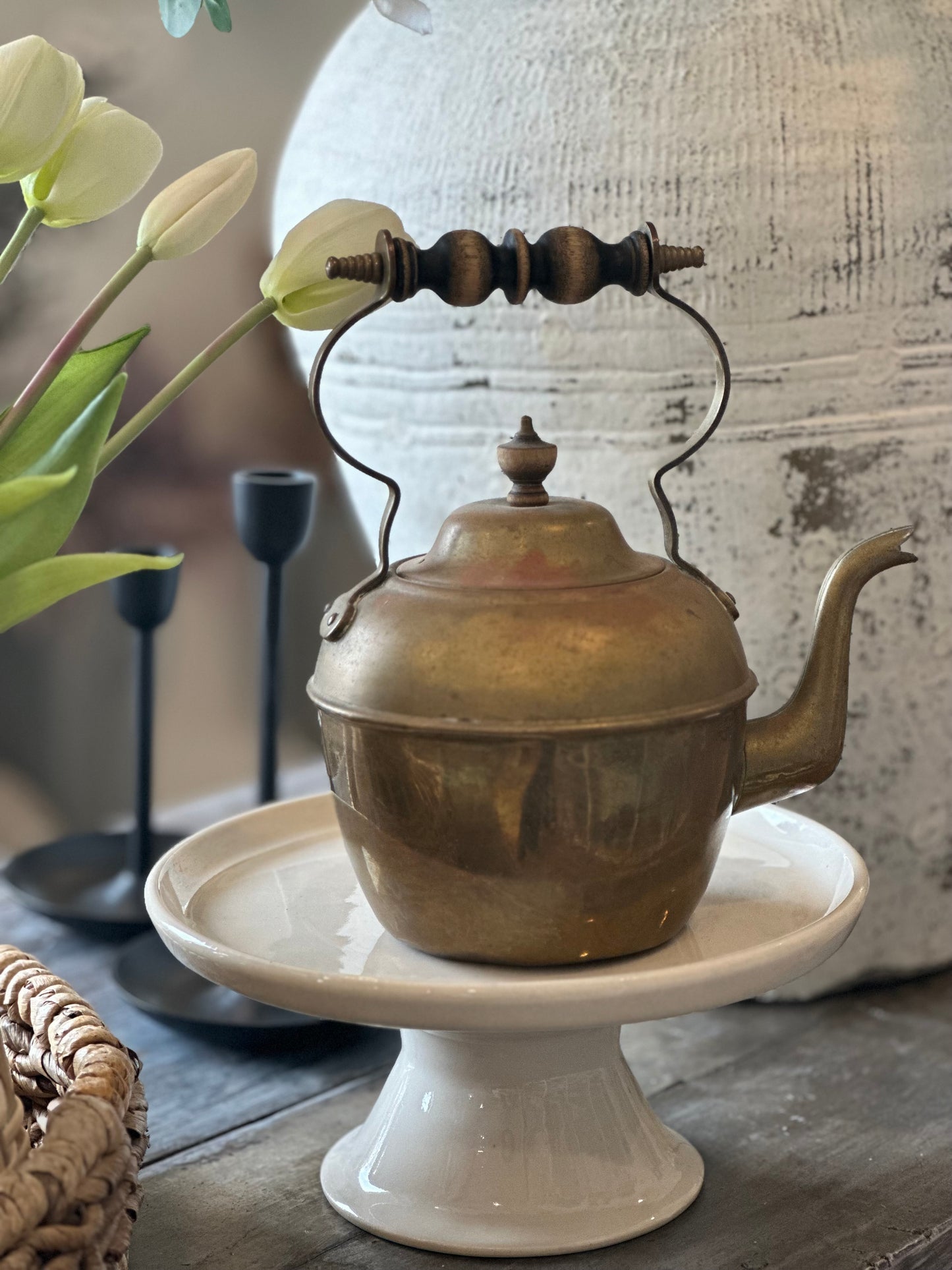 Vintage brass kettle + wood handle