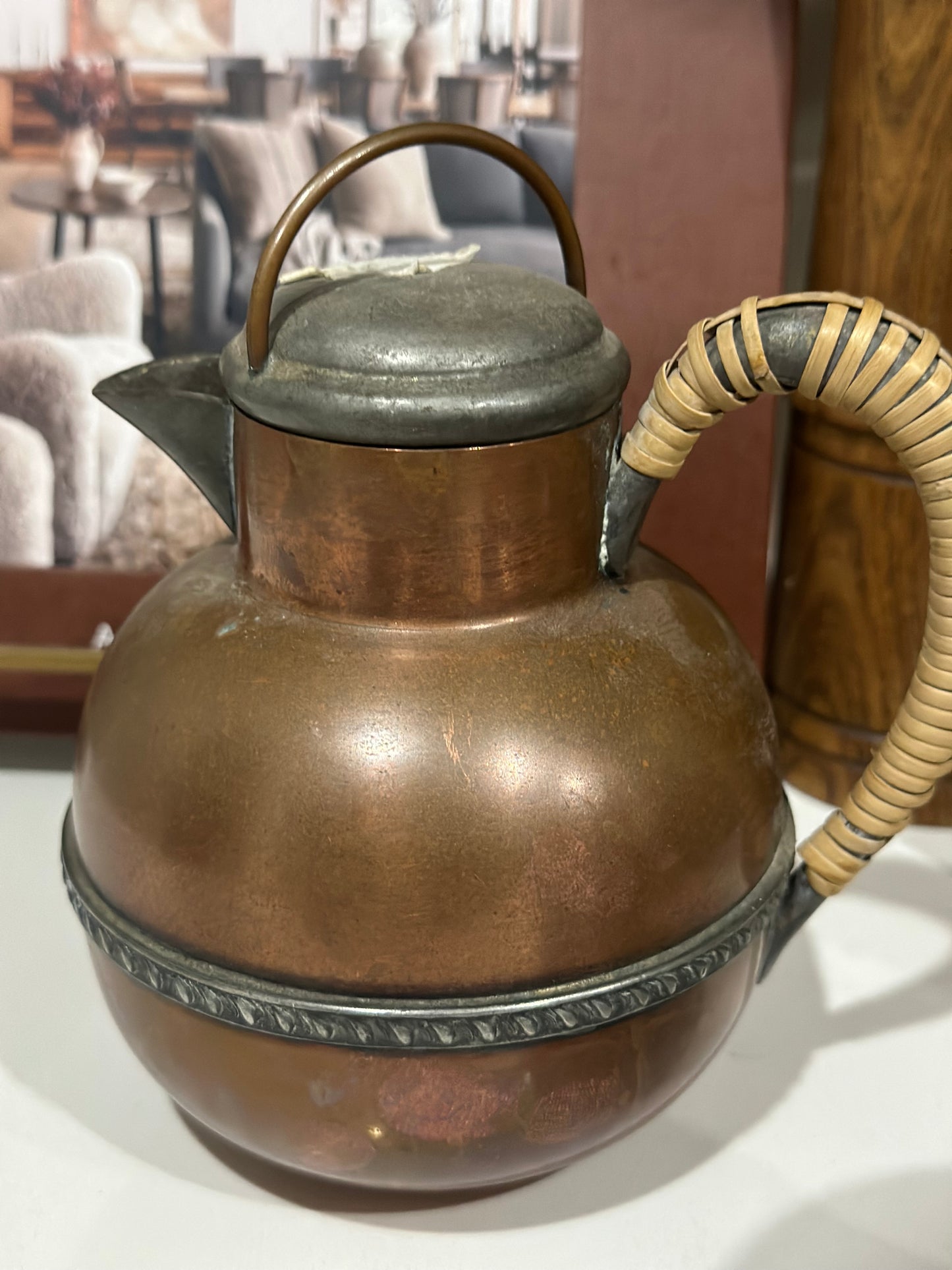 Copper pot with wicker handle