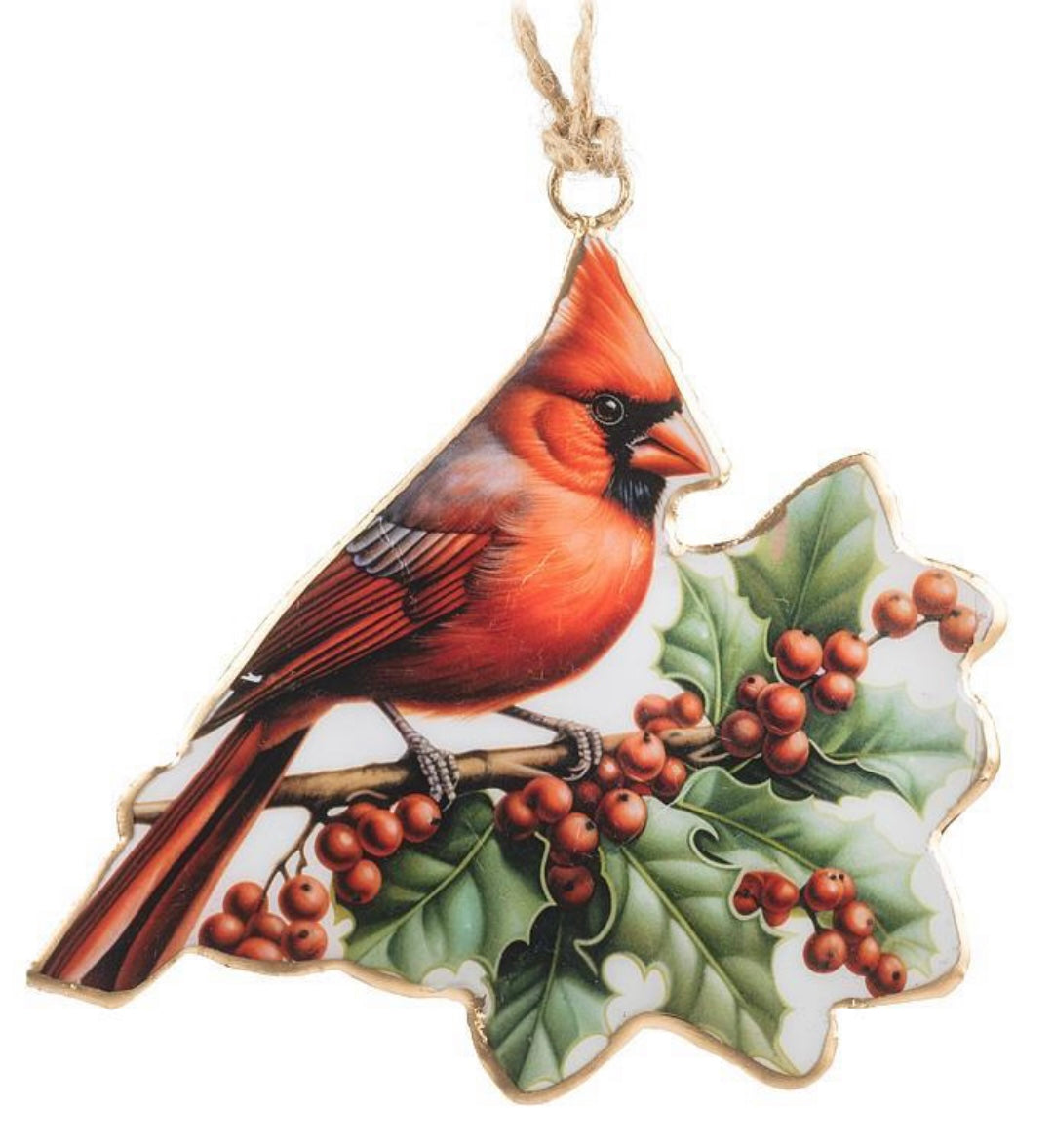 Cardinal Holly Ornament-Metal