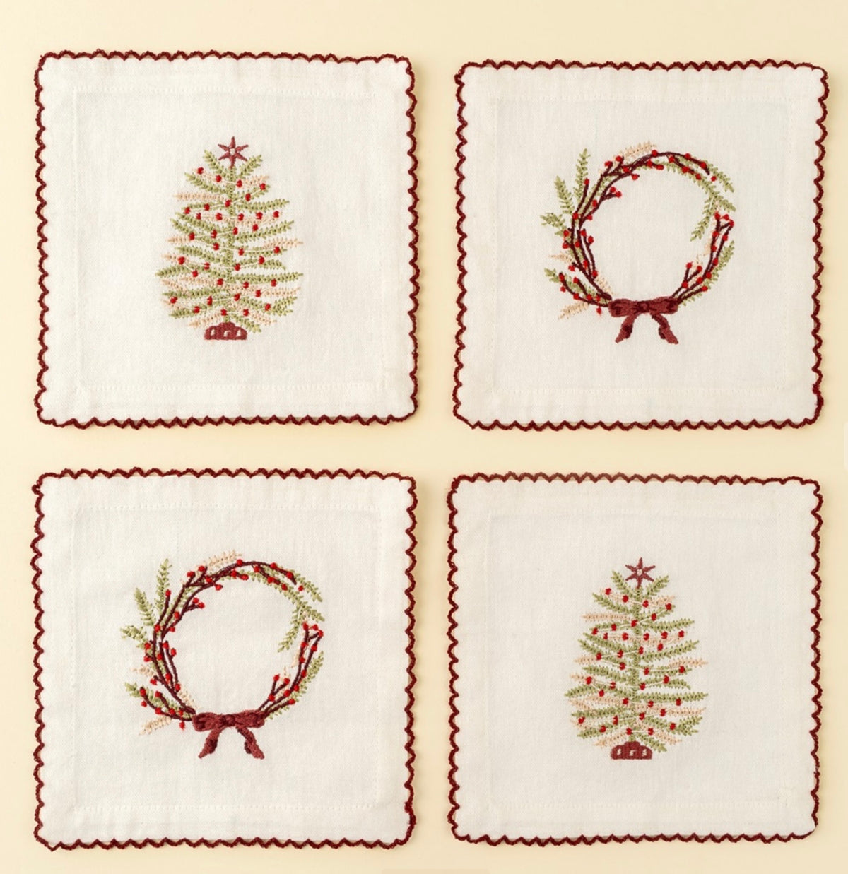 Set of 4 Embroidered Hand Napkins-Wreath/Tree