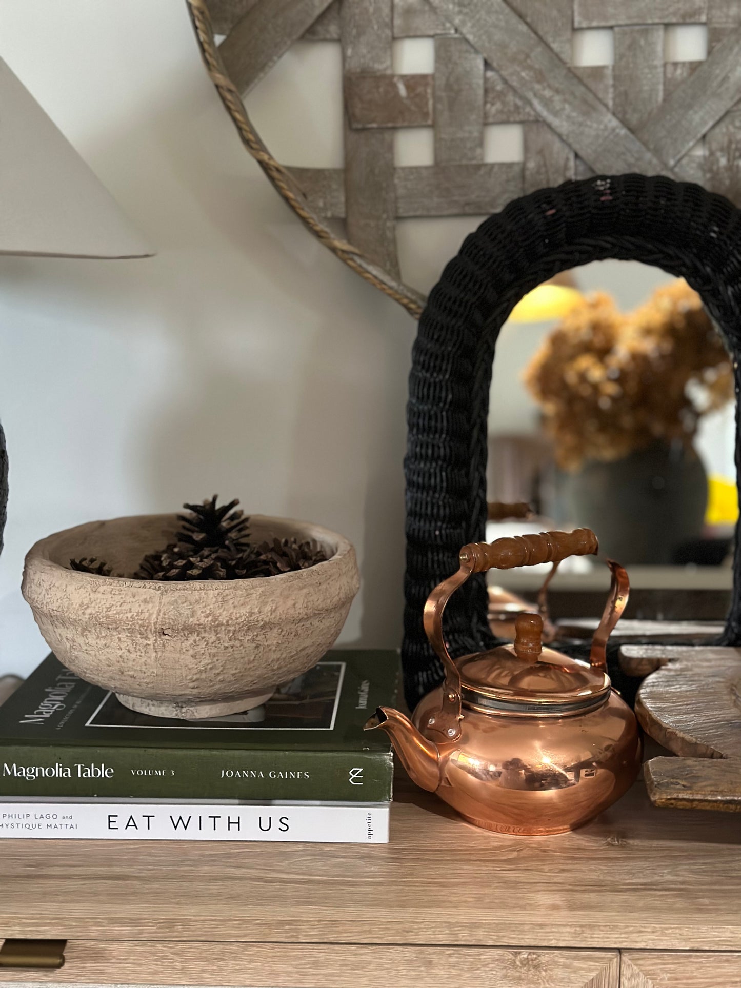 Black rattan wicker arched mirror