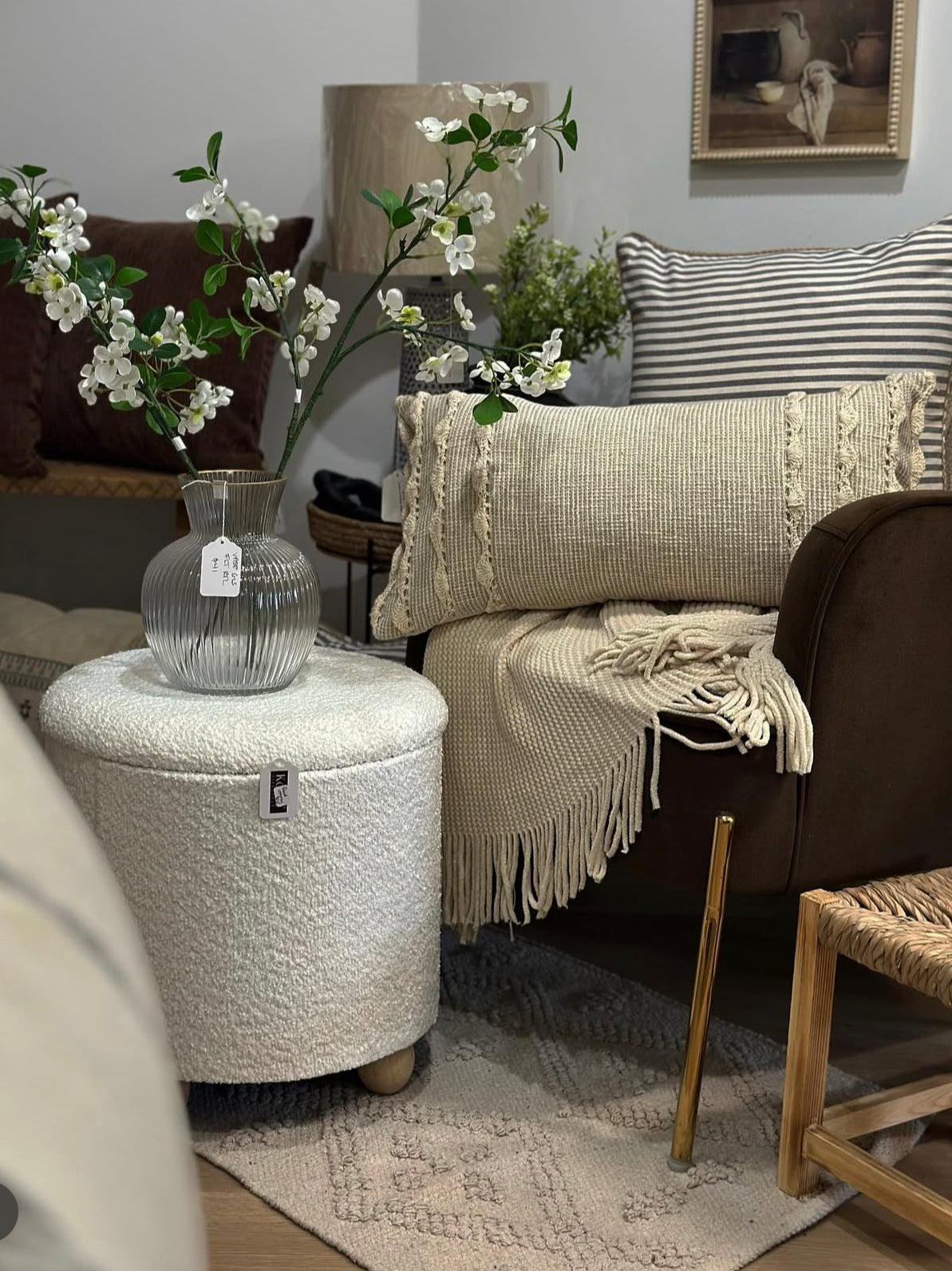 Brown velvet + gold accent chair
