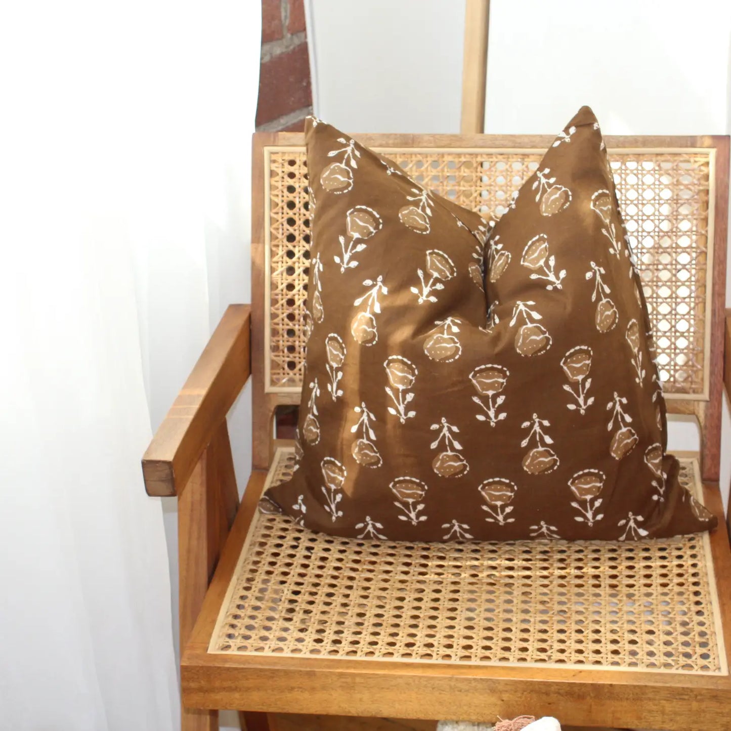 Brown Block Print Floral Throw Pillow Cover 20x20”
