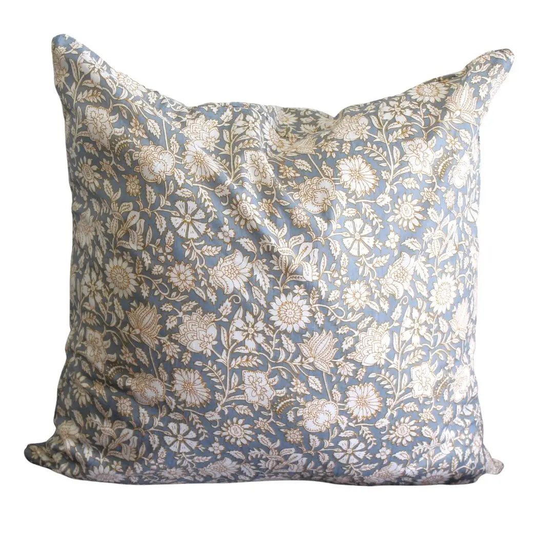 Block Print Floral Throw Pillow Cover in Grey 18x18”