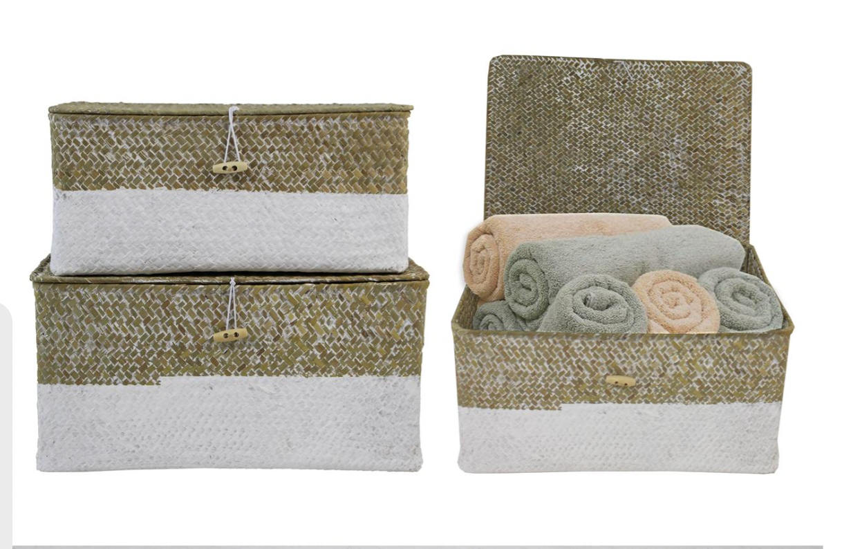 2 Piece Seagrass White/ Beige Woven Baskets with Lid