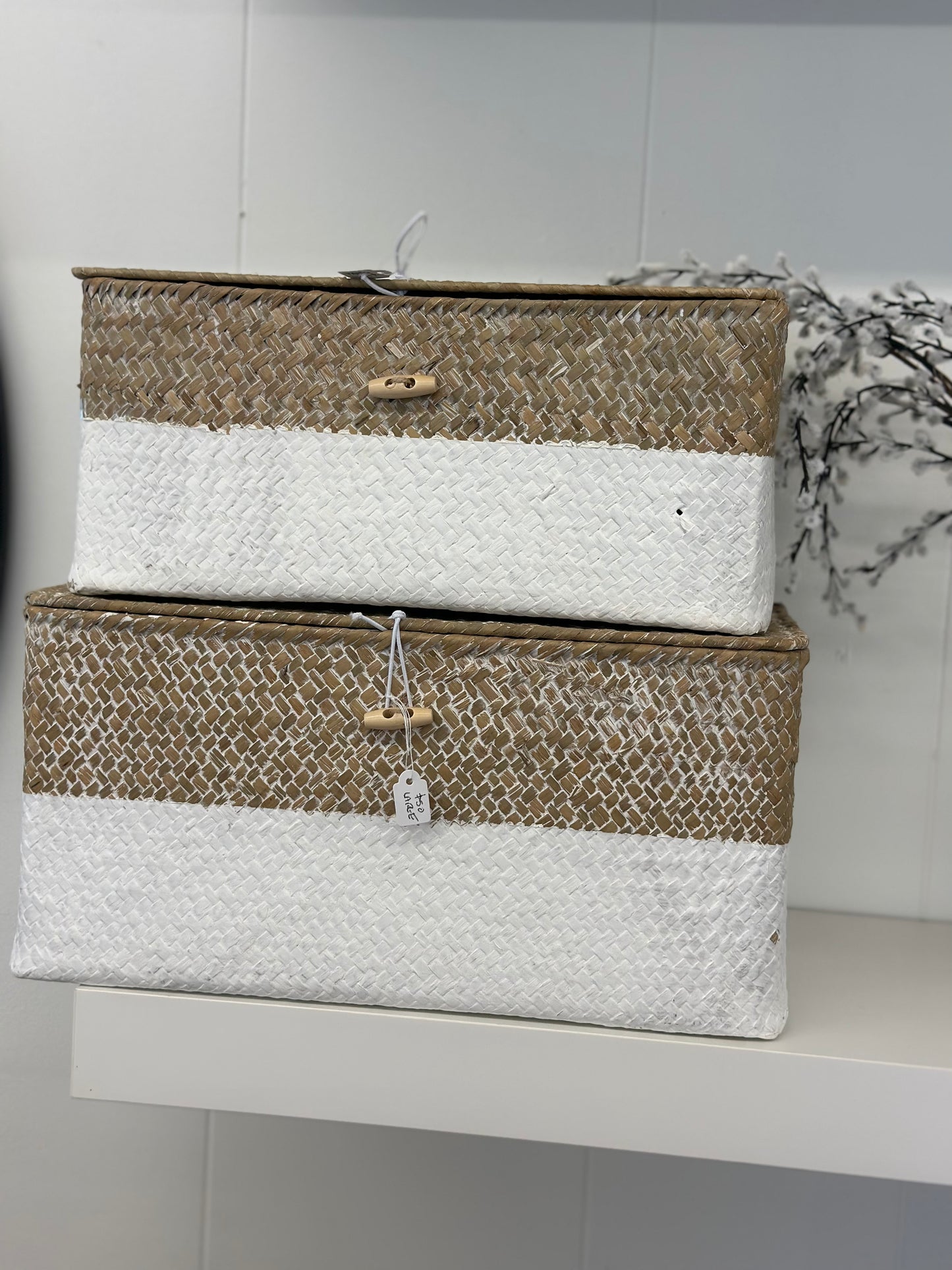 2 Piece Seagrass White/ Beige Woven Baskets with Lid