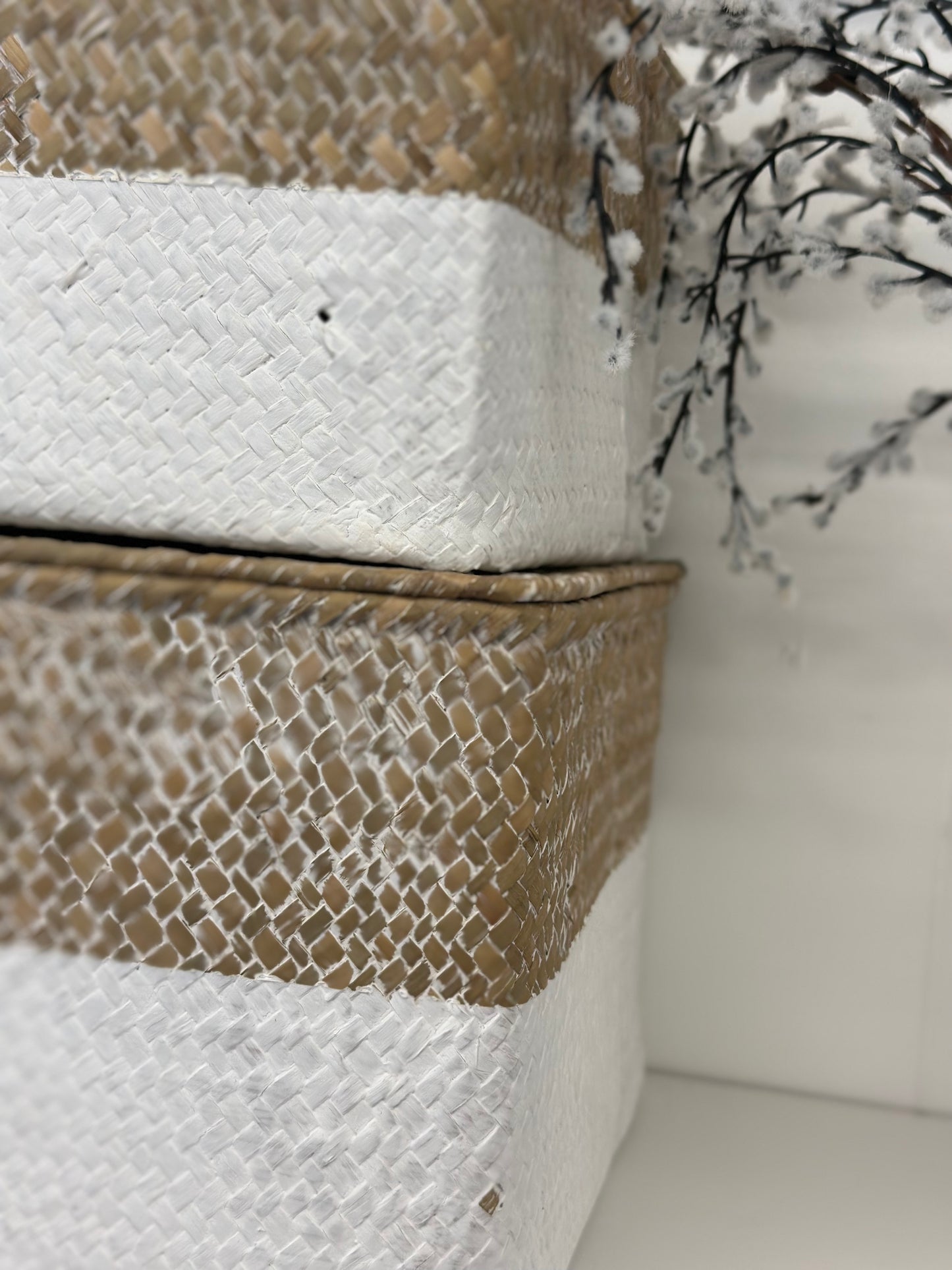 2 Piece Seagrass White/ Beige Woven Baskets with Lid