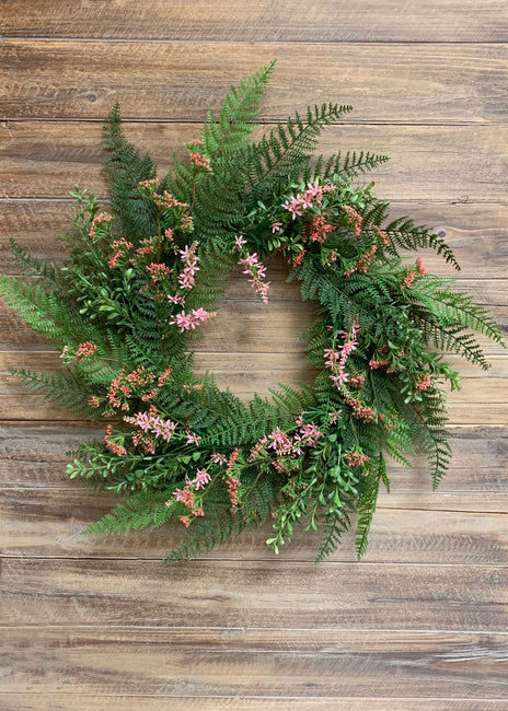 24" PINK LACE FERN WREATH WITH FLOWERS