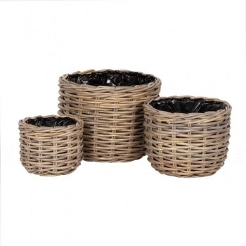 S/3 ROUND KUBU PLANTERS LINED