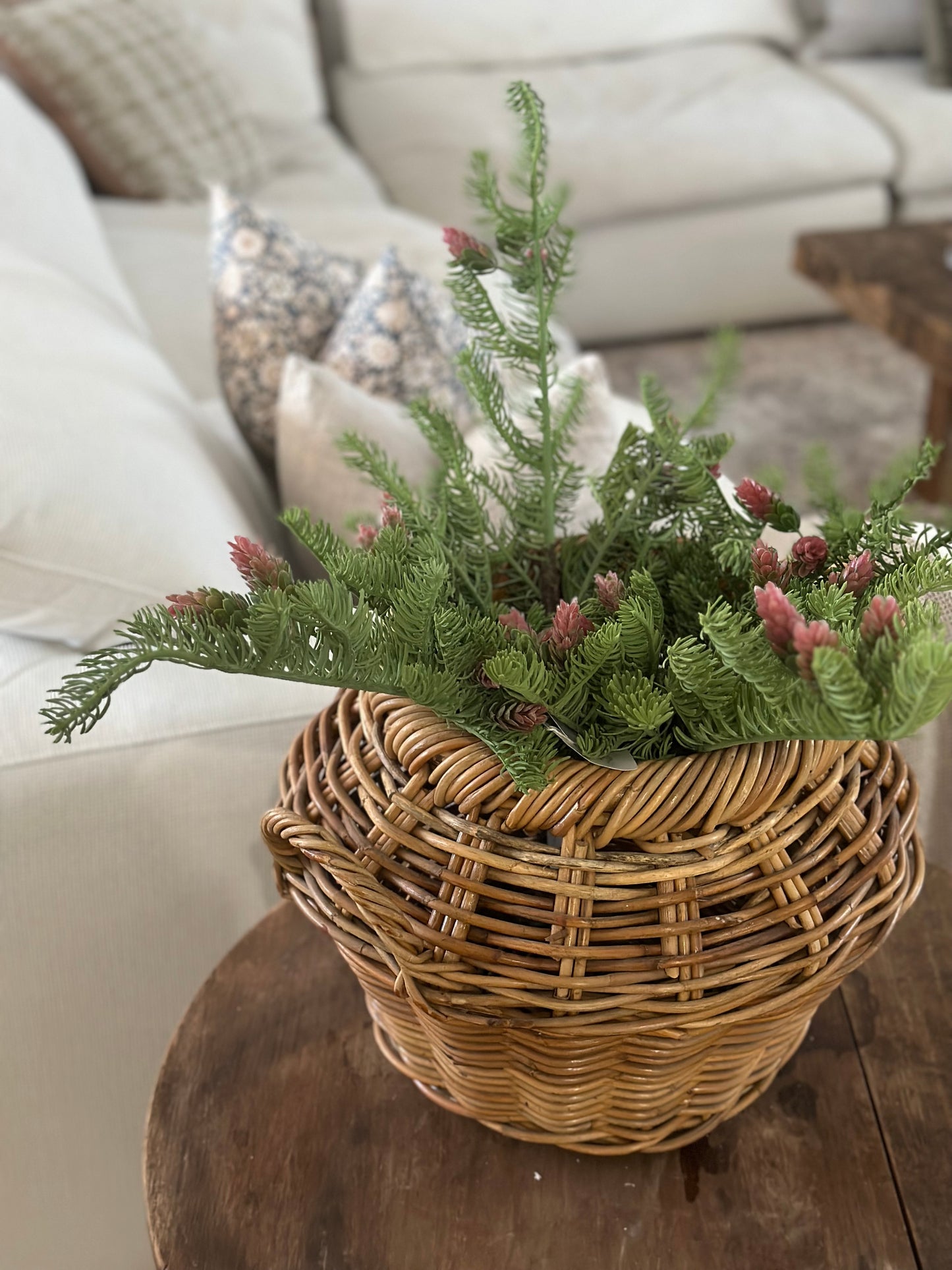 Large jute vintage basket with handles & christmas greens