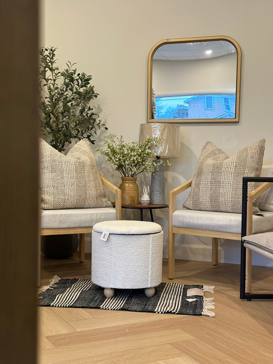 Pair of wooden + linen accent chairs