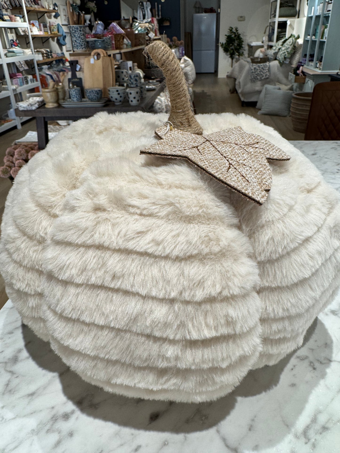 Faux Fur Large Pumpkin with Leaf-Beige
