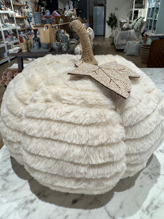 Faux Fur Large Pumpkin with Leaf-Beige