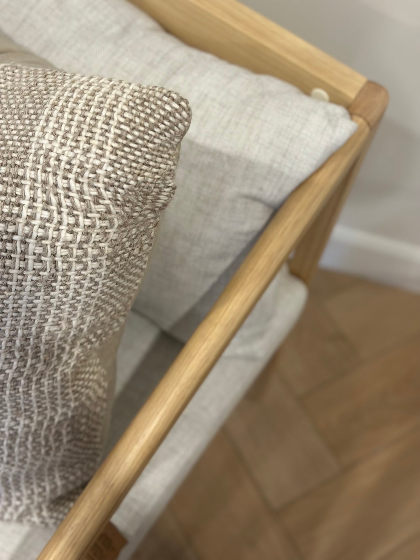Pair of wooden + linen accent chairs