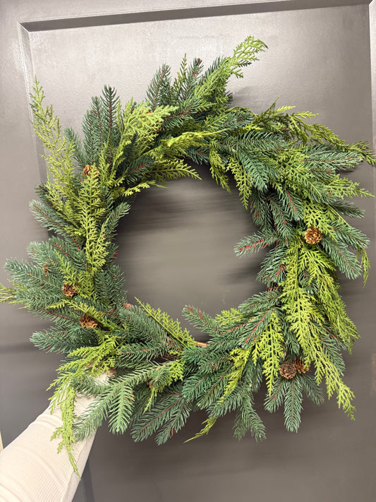 24” Faux Pine Wreath with pinecone