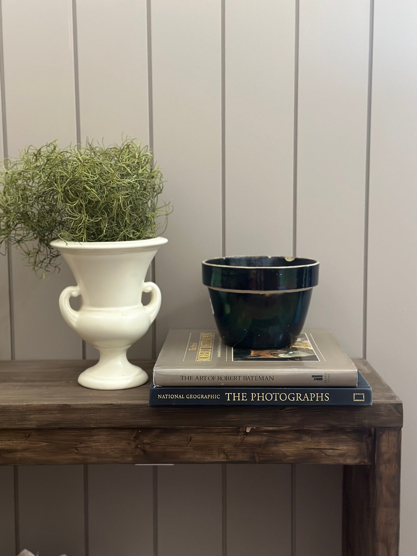 White urn vase with handles & faux green shrub