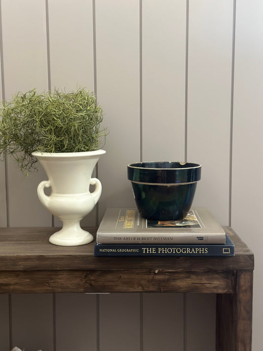 White urn vase with handles & faux green shrub