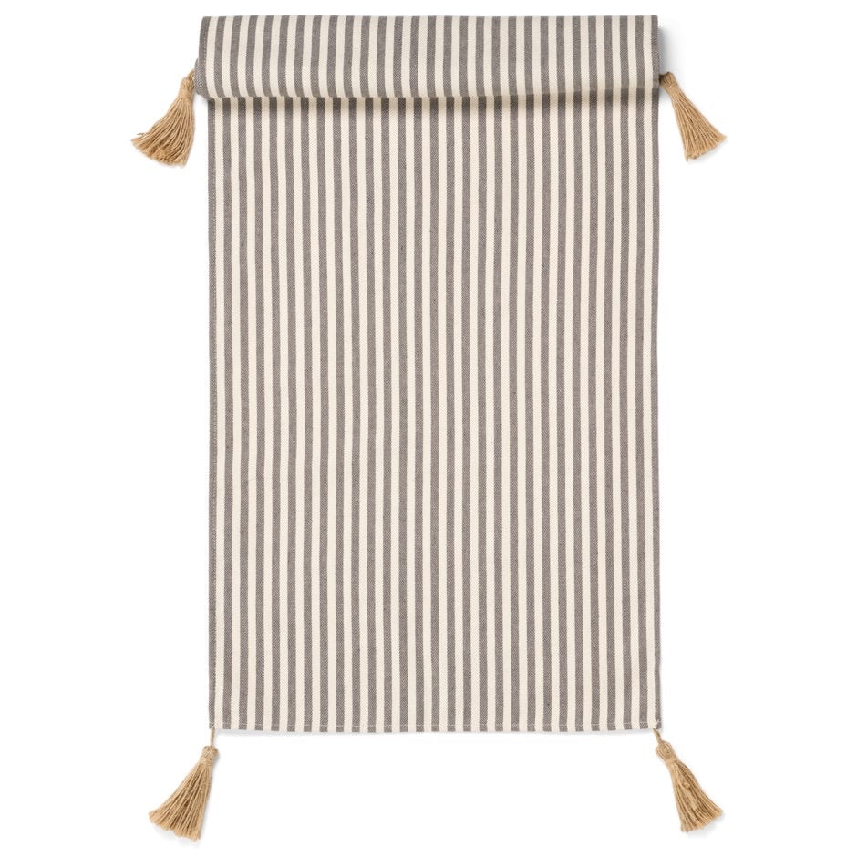 TABLE RUNNER COTT STRIP JUTE TASSLS DRK GRY-OF WHT