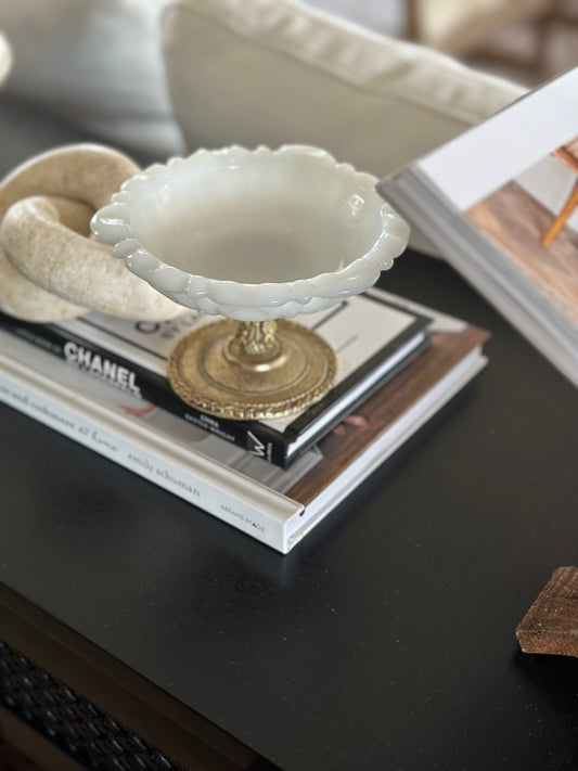 Small white glass dish with gold base