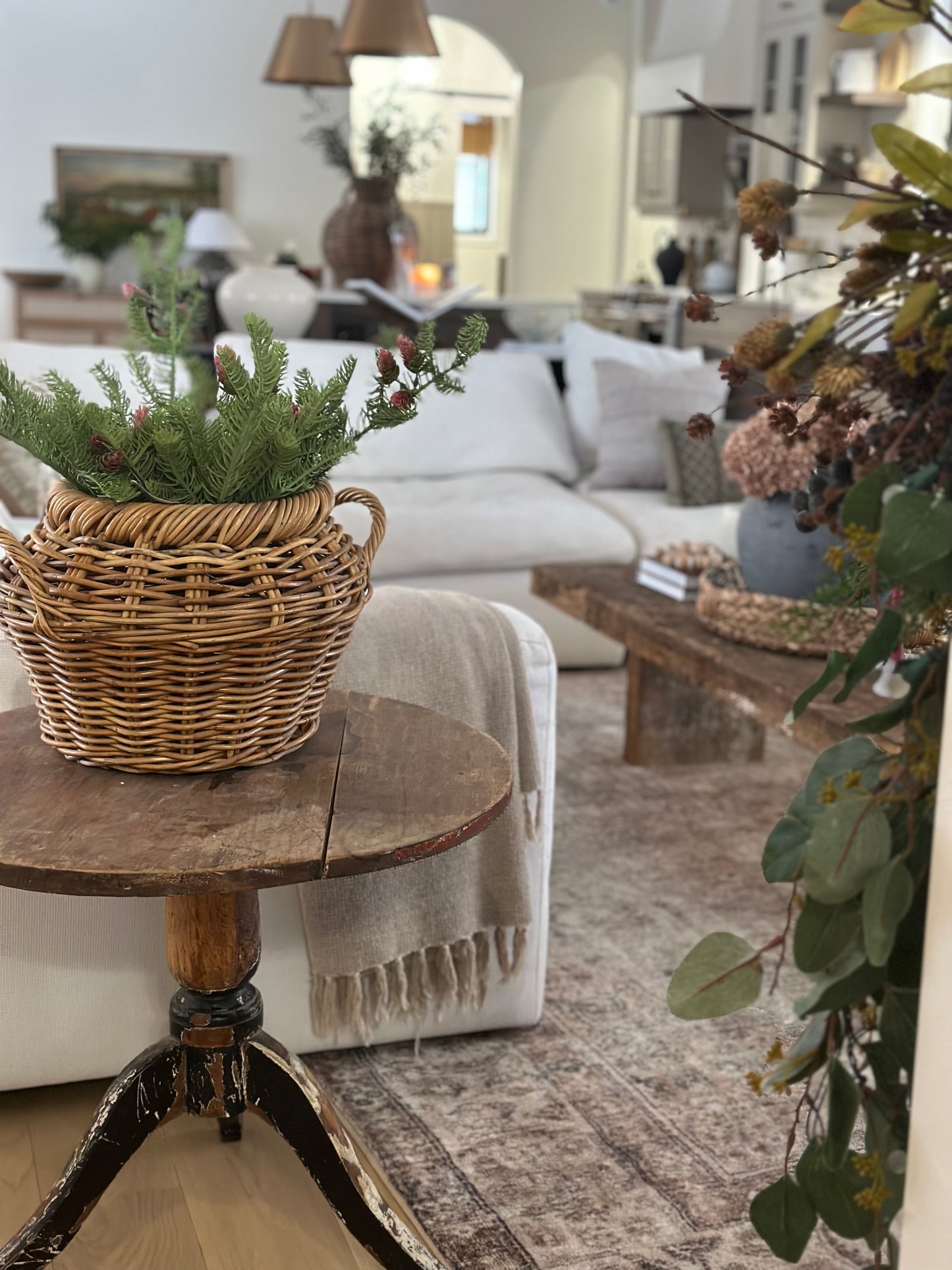 Large jute vintage basket with handles & christmas greens