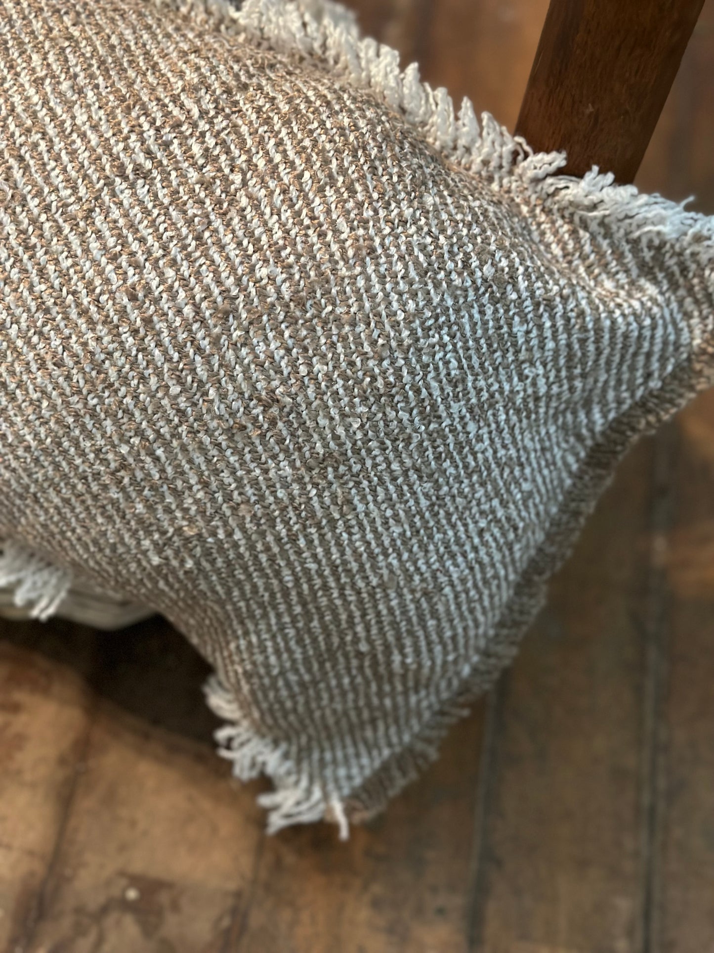 Fringed white & brown rectangular cushion