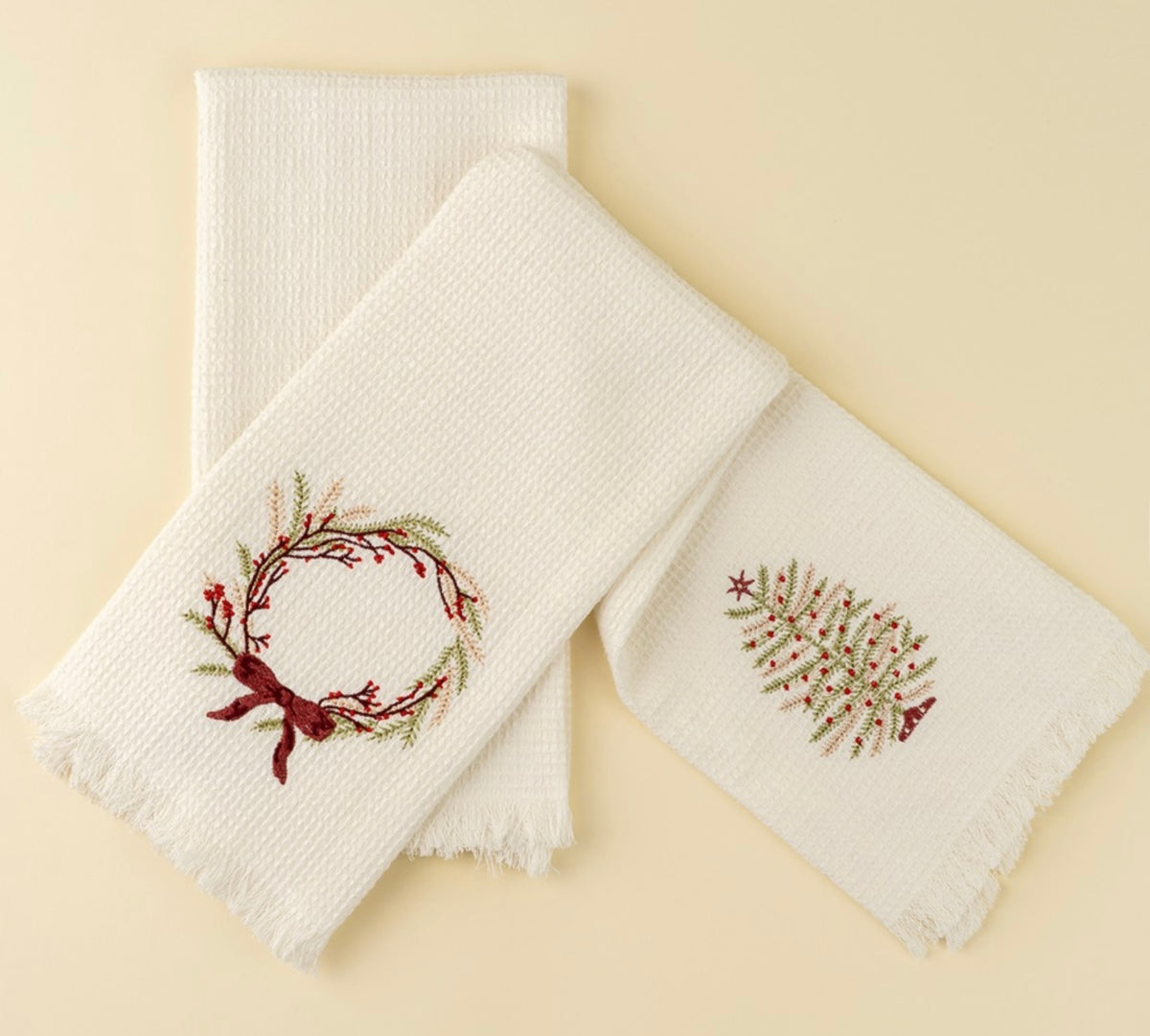 Set of 2 Embroidered Hand Towels-Wreath/Tree