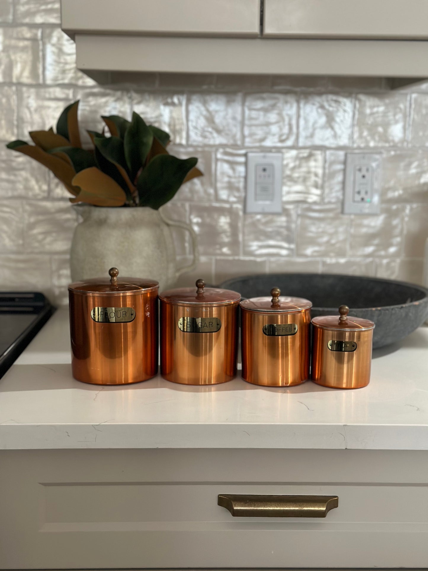 Set of 4 copper tin canisters with lids