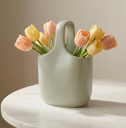 Loop Handle Ceramic Vase-Matte Green