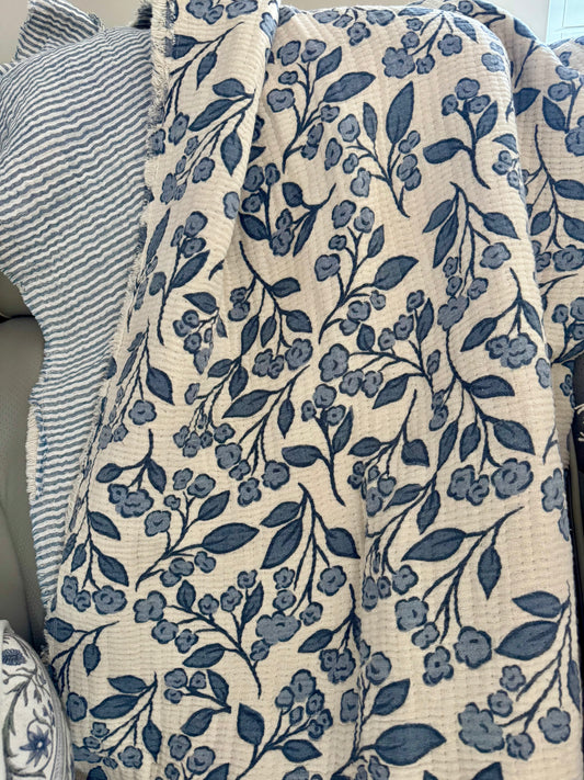 Muslin Throw Blanket-Blue floral