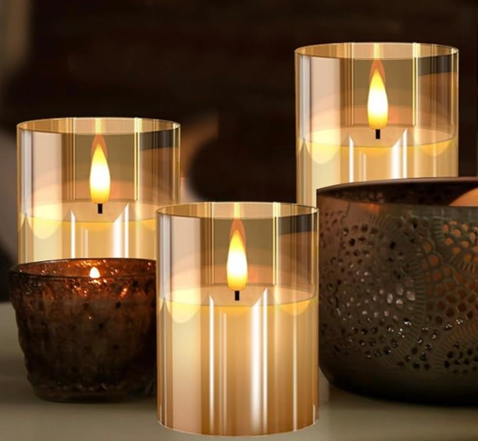 Set of 3 LED Hurricane Candles-Gold