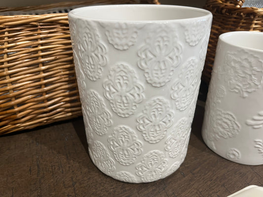 White Canister with Embossed Flowers-Large