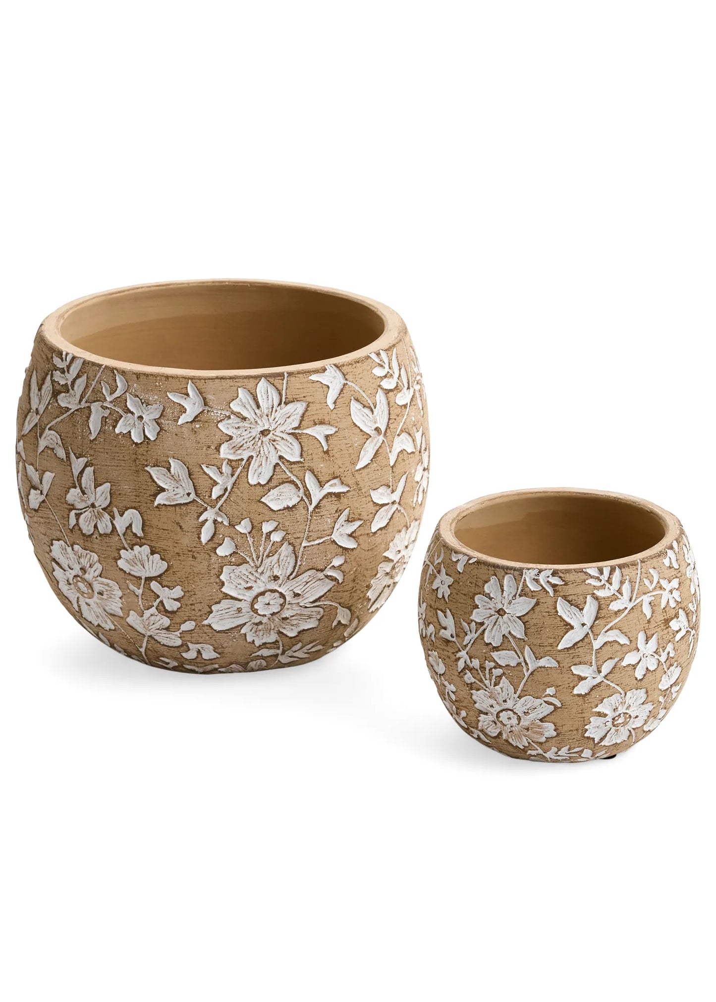 Cement Planter with Engraved Flowers-Small