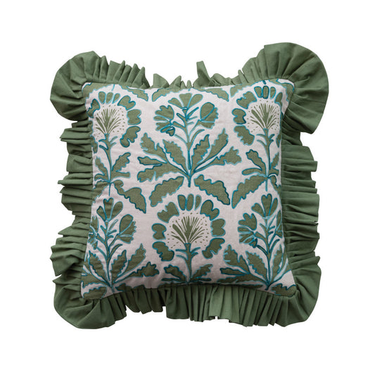 18” Square Cotton Printed Pillow with Ruffle