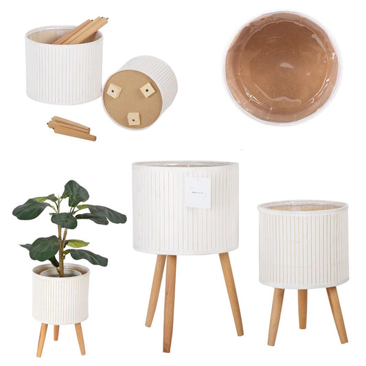 Set/2, Planters w/ Plastic Lining Wood Legs, White Bamboo